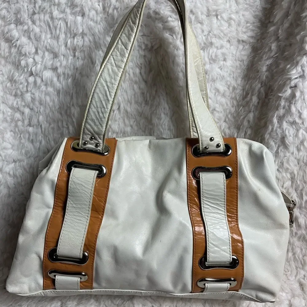 Steven by Steve Madden leather off white and tan satchel silver tone hardwares